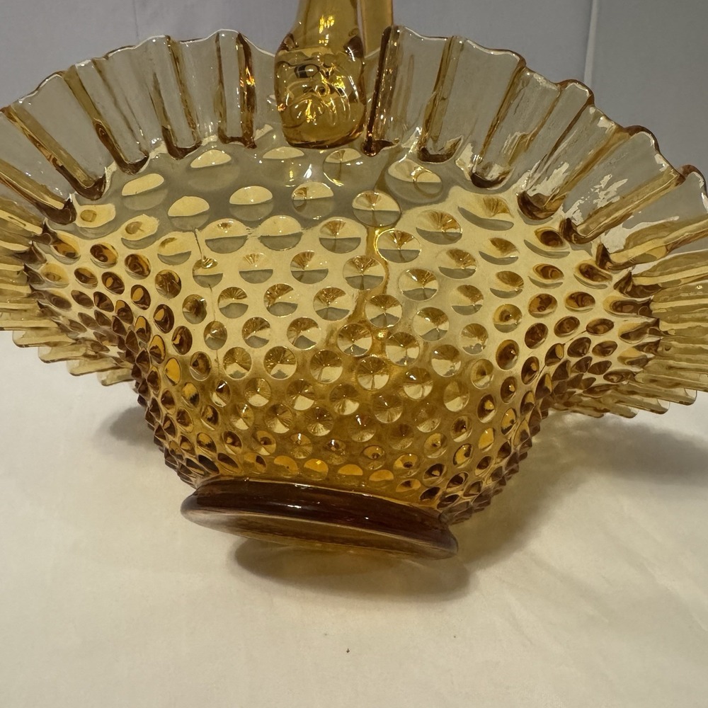 Vtg FENTON AMBER GLASS HOBNAIL RUFFLED EDGE BASKET CANDY DISH 9.5" Tall - Picture 8 of 13